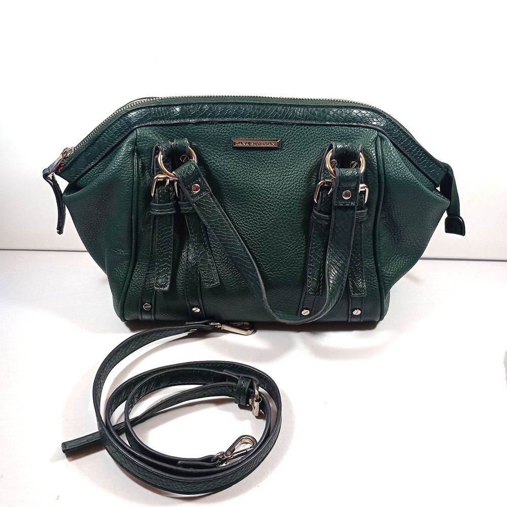 Dana Buchman Forest Green Pebbled Leather Satchel Snakeskin Trim Crossbody Bag